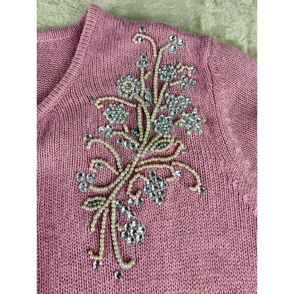 Nordstrom Pink Beaded Floral Cardigan Sweater Metallic Shimmer Rhinestone Large - Picture 7 of 17